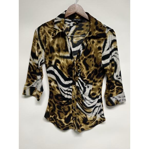 VTG 90s Top Womens Leopard Print Animal Cheetah Medium V-neck 70s Style Collar - Picture 8 of 15